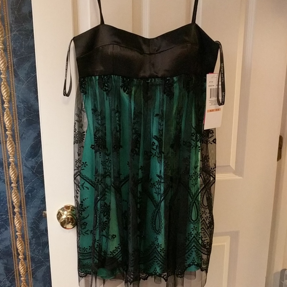 NWT  Morgan & Co black lace and teal dress